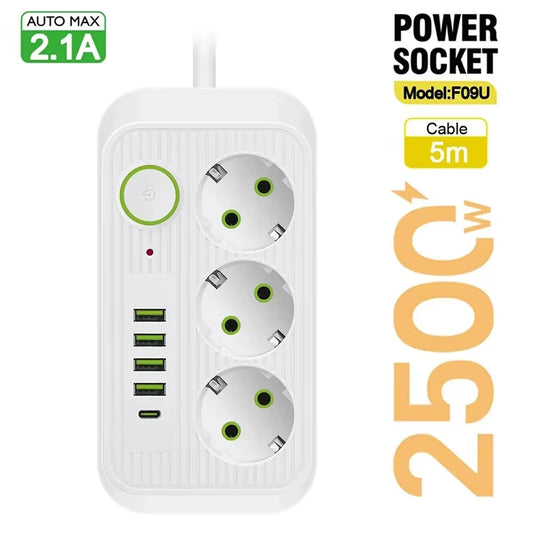 5M EU Plug AC Outlets Multitap Socket Extension Cord Electrical Power Strip with USB Type C Fast Charging Network Filter Adapter